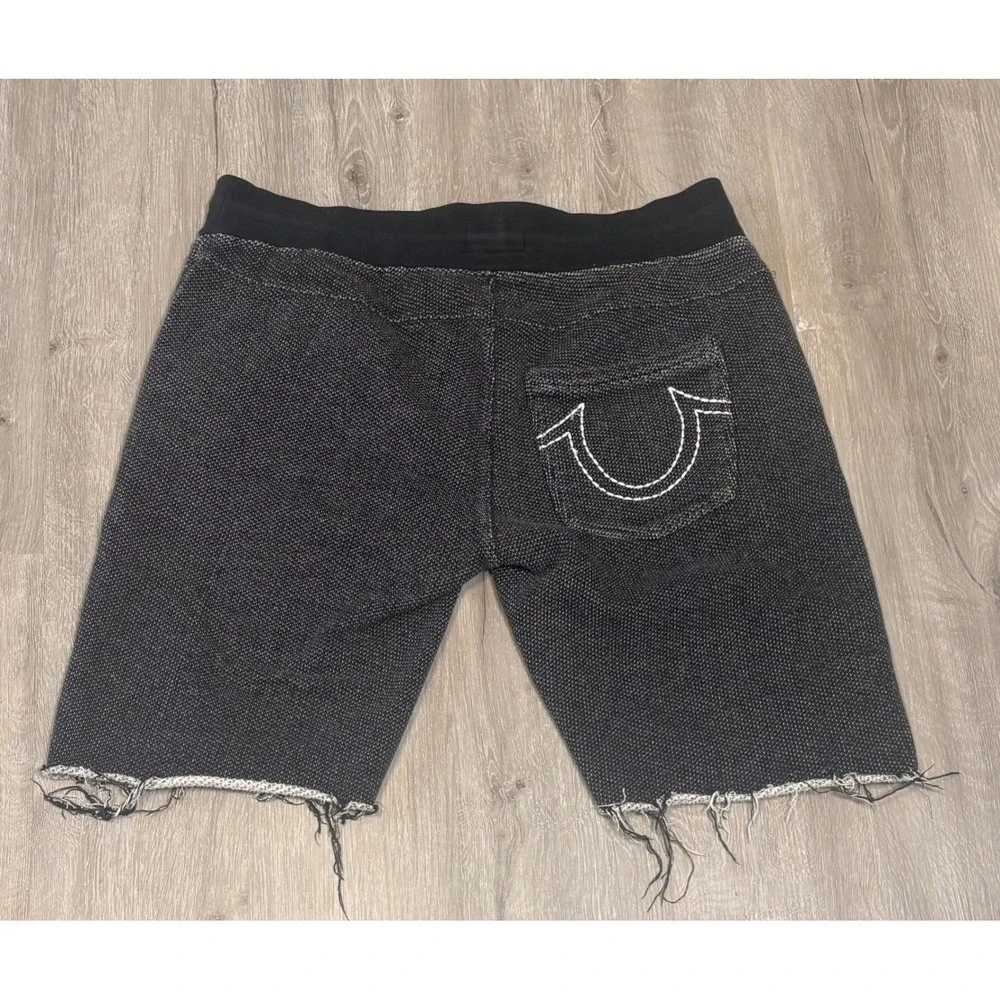 True Religion‎ Mens Cut-Off Sweat Shorts Black White Knit Horseshoe Logo Medium